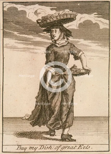 'Buy my Dish of great Eels', Cries of London, (c1688?). Artist: Anon