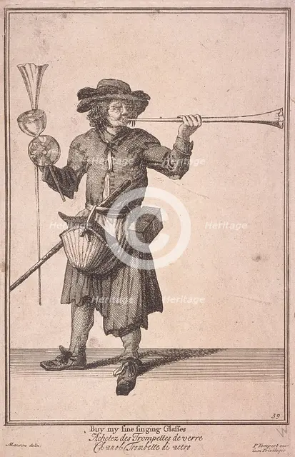'Buy my fine singing Glasses', Cries of London, (1688?). Artist: Anon