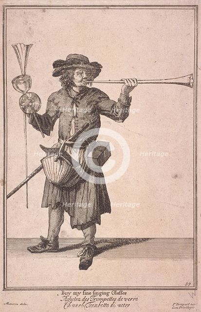 'Buy my fine singing Glasses', Cries of London, (1688?). Artist: Anon