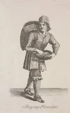 Buy my Flounders Cries of London, c1688. Artist: Anon