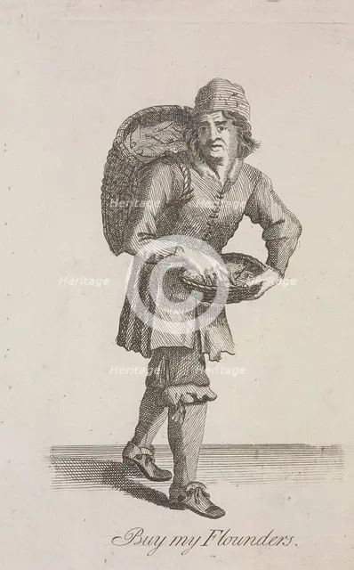 'Buy my Flounders', Cries of London, c1688. Artist: Anon