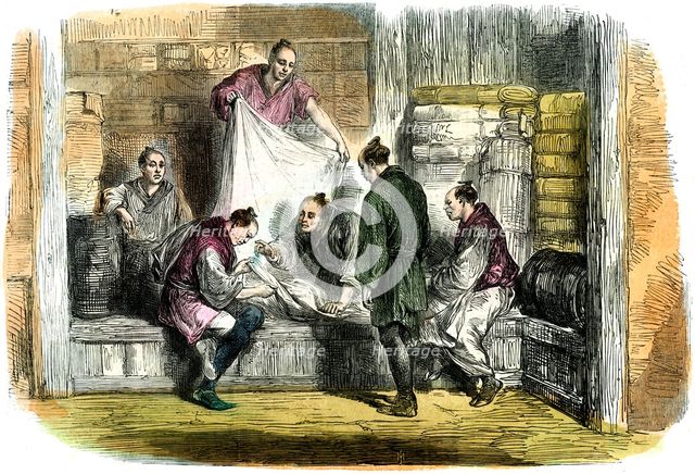 Buying camlets in a shop, Yokohama, Japan, 1865. Artist: Unknown