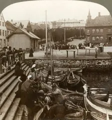 Buying fish in a busy Arctic trading port, Tromsoe (69° 38 N. Lat.), Northern Norway 1902. Creator: Unknown