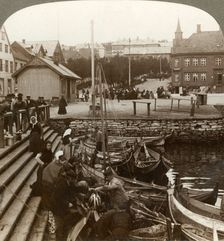 Buying fish in a busy Arctic trading port, Tromsoe (69° 38 N. Lat.), Northern Norway 1902. Creator: Unknown