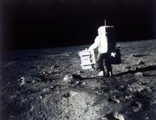 Buzz Aldrin carries out an experiment on the lunar surface, Apollo II mission, July 1969. Creator: Neil Armstrong