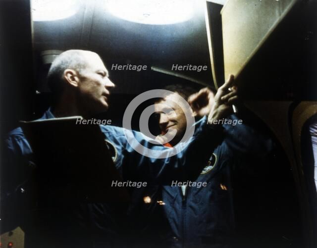 Buzz Aldrin and Neil Armstrong in quarantine, Apollo 11 mission, July 1969. Creator: NASA.