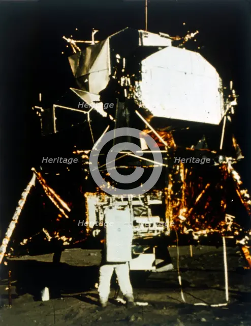 Buzz Aldrin by the Lunar Module on the surface of the Moon, Apollo II mission, July 1969. Creator: Neil Armstrong.