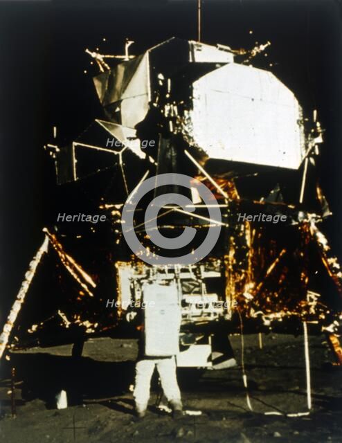 Buzz Aldrin by the Lunar Module on the surface of the Moon, Apollo II mission, July 1969. Creator: Neil Armstrong.