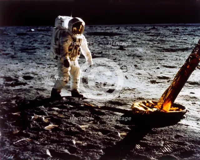 Buzz Aldrin by the leg of the Lunar Module, Apollo II mission, July 1969. Creator: Neil Armstrong.