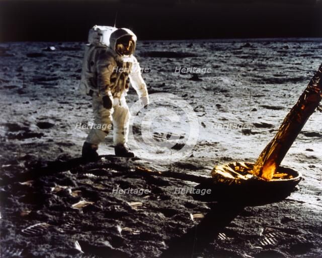 Buzz Aldrin by the leg of the Lunar Module, Apollo II mission, July 1969. Creator: Neil Armstrong.
