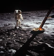 Buzz Aldrin by the leg of the Lunar Module, Apollo II mission, July 1969. Creator: Neil Armstrong