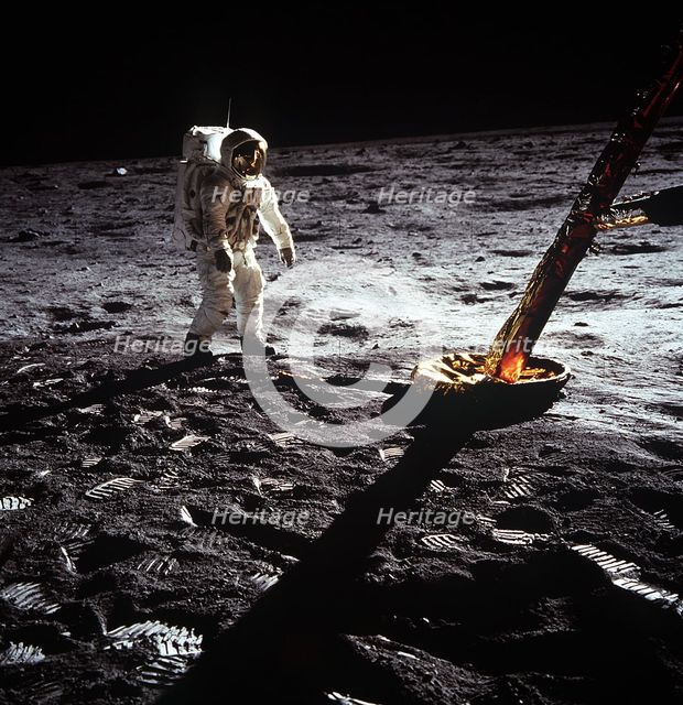 Buzz Aldrin by the leg of the Lunar Module, Apollo II mission, July 1969.  Creator: Neil Armstrong.