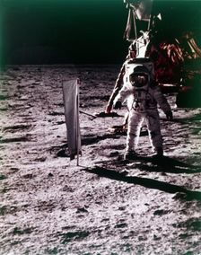Buzz Aldrin deploys solar wind collector on the surface of the Moon, Apollo 11 mission, July 1969. Creator: Neil Armstrong