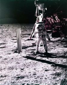 Buzz Aldrin deploys solar wind collector on the surface of the Moon, Apollo 11 mission, July 1969. Creator: Neil Armstrong