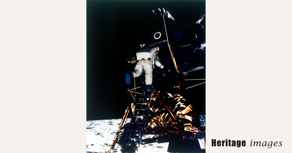 Buzz Aldrin descends from the Lunar Module, Apollo II mission, July ...