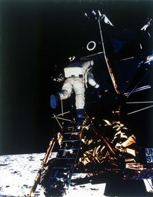 Buzz Aldrin descends from the Lunar Module, Apollo II mission, July 1969. Creator: Neil Armstrong
