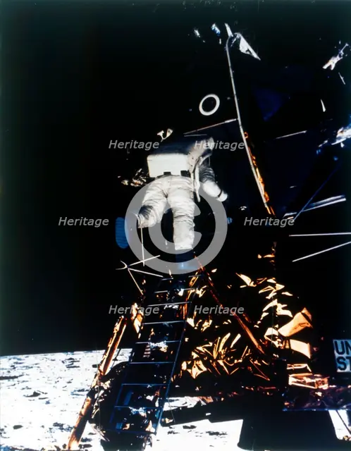 Buzz Aldrin descends from the Lunar Module, Apollo II mission, July 1969. Creator: Neil Armstrong.