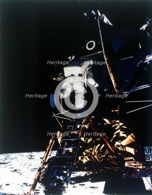 Buzz Aldrin descends from the Lunar Module, Apollo II mission, July 1969. Creator: Neil Armstrong.