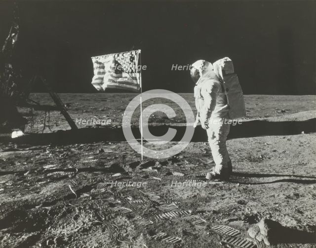Buzz Aldrin on the Moon with the American Flag, 1969. Creator: Neil Armstrong.