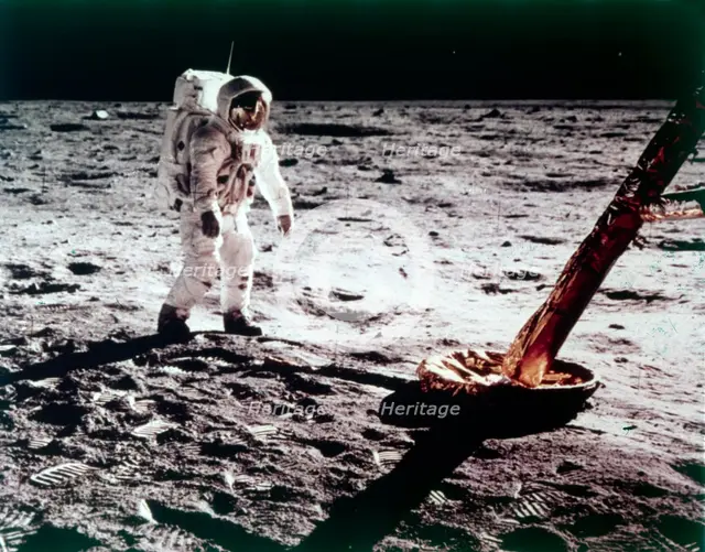 Buzz Aldrin near the leg of the Lunar Module on the Moon, Apollo 11 mission, July 1969. Creator: Neil Armstrong.