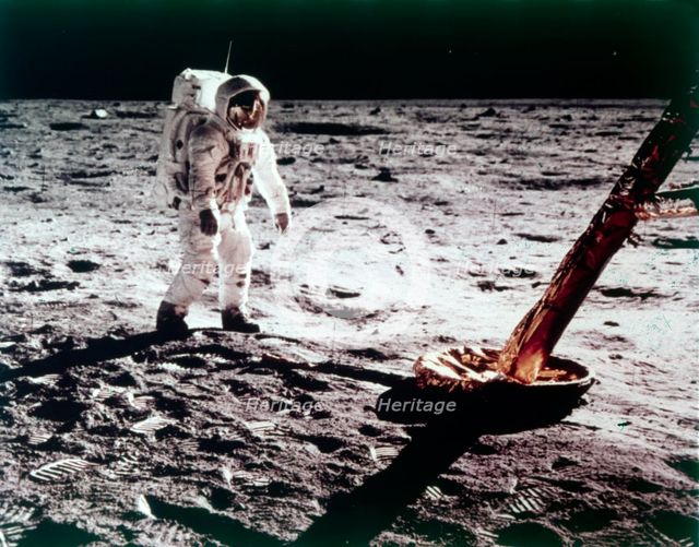 Buzz Aldrin near the leg of the Lunar Module on the Moon, Apollo 11 mission, July 1969. Creator: Neil Armstrong.