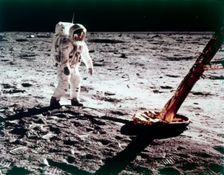 Buzz Aldrin near the leg of the Lunar Module on the Moon, Apollo 11 mission, July 1969. Creator: Neil Armstrong