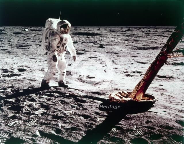Buzz Aldrin near the leg of the Lunar Module on the Moon, Apollo 11 mission, July 1969. Creator: Neil Armstrong.