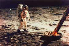 Buzz Aldrin Walking on the Surface of the Moon Near a Leg of the Lunar Module, 1969. Creator: Neil Armstrong