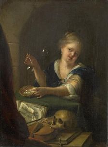 Bubble-blowing Girl with a Vanitas Still Life, 1680-1775. Creator: Unknown