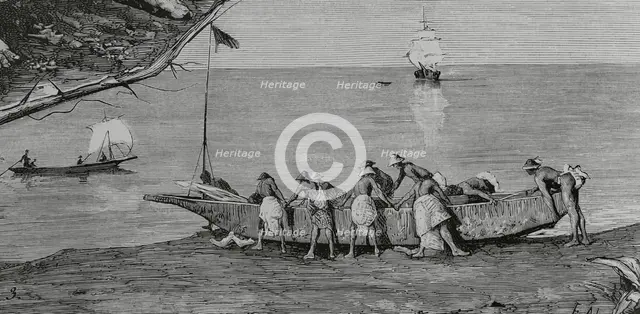 Bubis launching a canoe into the water, Concepcion Bay, Fernando Poo Island, Spanish Guinea, 1883.  Creator: Tomás Carlos Capuz.