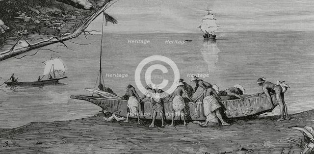Bubis launching a canoe into the water, Concepcion Bay, Fernando Poo Island, Spanish Guinea, 1883.  Creator: Tomás Carlos Capuz.