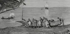 Bubis launching a canoe into the water, Concepcion Bay, Fernando Poo Island, Spanish Guinea, 1883. Creator: Tomás Carlos Capuz