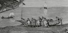 Bubis launching a canoe into the water, Concepcion Bay, Fernando Poo Island, Spanish Guinea, 1883. Creator: Tomás Carlos Capuz