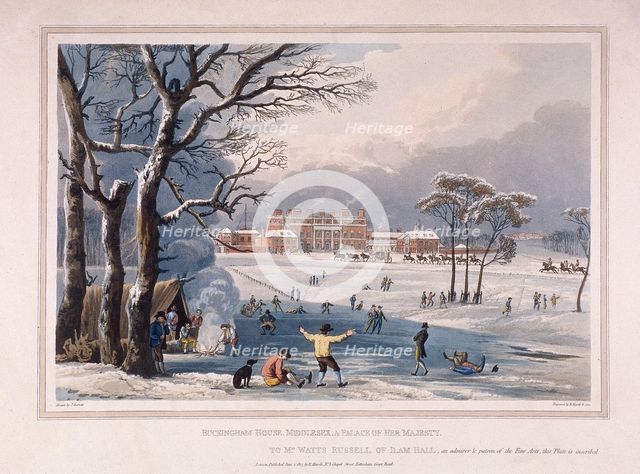 Buckingham House and St James's Park in the winter, London, 1817. Artist: Robert Havell 