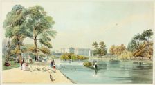 Buckingham Palace from St.James Park, plate eleven from Original Views of London as It Is, 1842. Creator: Thomas Shotter Boys