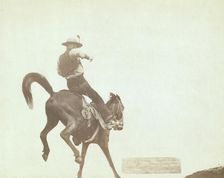 Bucking Bronco Ned Coy, a famous Dakota cowboy, starts out for the cattle round-u..., 1888. Creator: John C. H. Grabill