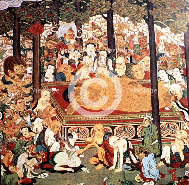 Buddha on his deathbed surrounded by his disciples and animals expressing their pain. Painting, c…