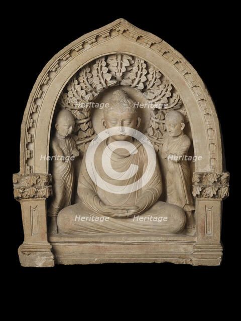 Buddha and two monks, 3rd cen. AD. Creator: Central Asian Art.