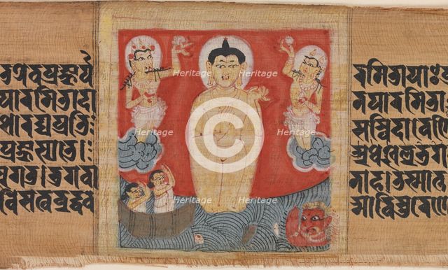Buddha Giving Safety (Abhayananda) to Mariners, Leaf from..., ca. 1090. Creator: Unknown.