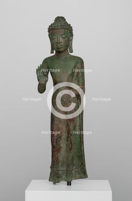 Buddha with Hand in Gesture of Teaching (Vitarkamudra), Dvaravati period, 8th century. Creator: Unknown.