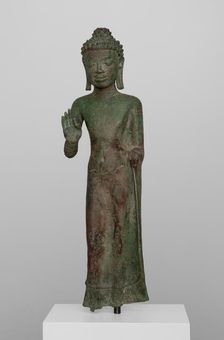 Buddha with Hand in Gesture of Teaching (Vitarkamudra), Dvaravati period, 8th century. Creator: Unknown