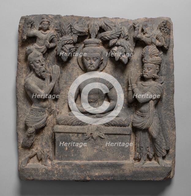 Buddha Worshipped by the Gods Indra and Brahma, Kushan period, 1st/2nd century. Creator: Unknown.