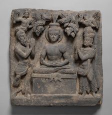 Buddha Worshipped by the Gods Indra and Brahma, Kushan period, 1st/2nd century. Creator: Unknown