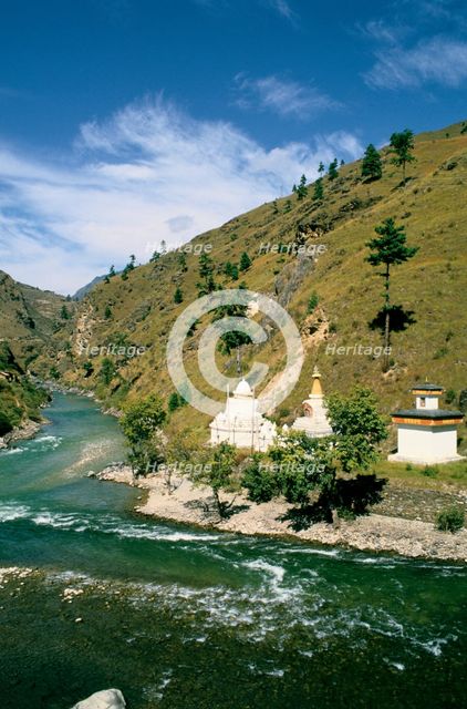 Buddhist chortens, Chuzom, Bhutan. Creator: Vivienne Sharp.