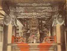 Buddhist Images, Inside Pagoda, Nikko, 1870s-1890s. Creator: Kusakabe Kimbei