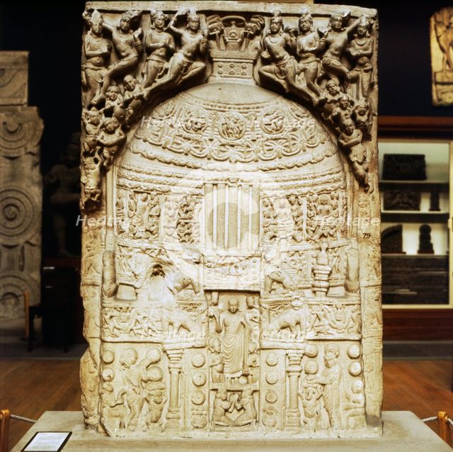 Buddhist Stupa with figures of Buddha adored by flying deities, 2nd century. Artist: Unknown.