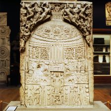 Buddhist Stupa with figures of Buddha adored by flying deities, 2nd century