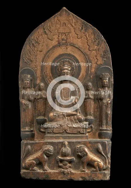 Buddhist tablet: seated central figure flanked by monk..., Period of Division, 550-577. Creator: Unknown.