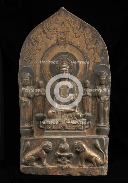 Buddhist tablet: seated central figure flanked by monk..., Period of Division, 550-577. Creator: Unknown.