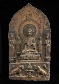 Buddhist tablet: seated central figure flanked by monk..., Period of Division, 550-577. Creator: Unknown